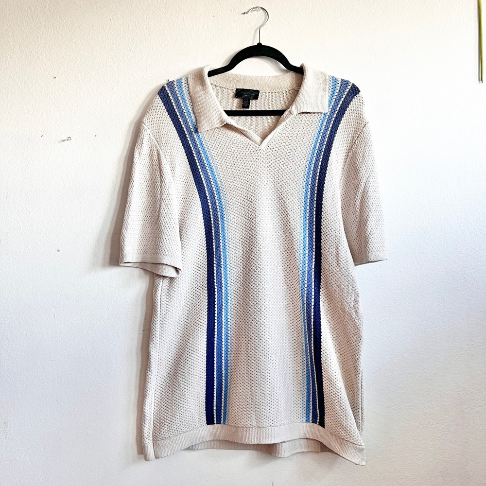 Magaschoni Shirt Mens Large Beige‎ Striped Knit Johnny Collar Tennis Prep Retro